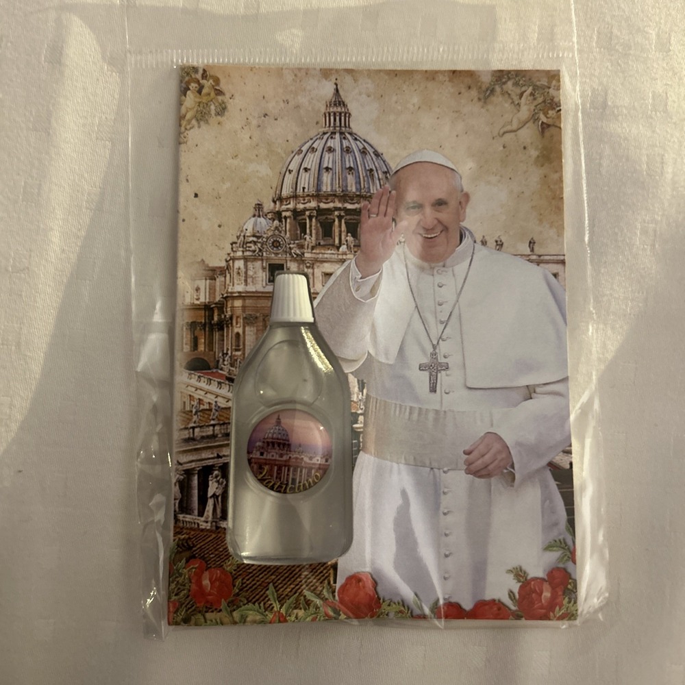 Pope Francis Holy Water Bottle with Vatican Print Card Religious Souvenir Italy